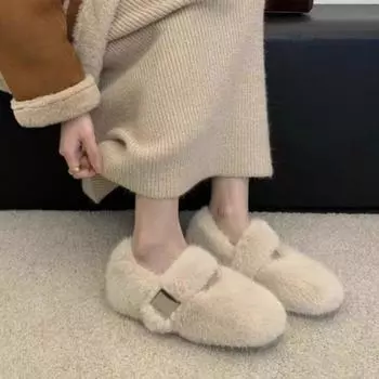 Модные повседневные женские туфли Лоферы Меховые белые кроссовки Осенняя женская обувь Осенне-зимняя обувь Мэри Джейн Повседневная женская обувь 35 бежевый