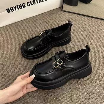 Модные повседневные женские туфли с круглым носком и мелкой подошвой 2024 года, новые лоферы в британском стиле на толстой подошве, женская обувь в стиле ретро 35