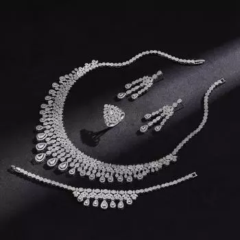 Модные преувеличенные экологически чистые медные циркониевые капли ожерелье серьги 4-х частей свадебный свадебный комплект ювелирных изделий