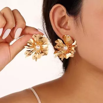 Модные преувеличенные темпераментные ретро-металлические легкие роскошные высококачественные двухслойные серьги-бусины в форме цветка золотой