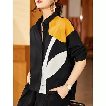 Модные принтованные рубашки для женщин, рубашка с длинным рукавом в стиле пэчворк, повседневная свободная блузка большого размера, весна-лето, тонкая рубашка XL белый