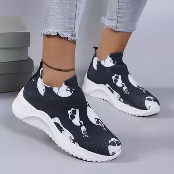 Модные принтованные вязаные мокасины, женская обувь, дышащие кроссовки на платформе, женские легкие нескользящие туфли на среднем каблуке, повседневная обувь 35 чёрный