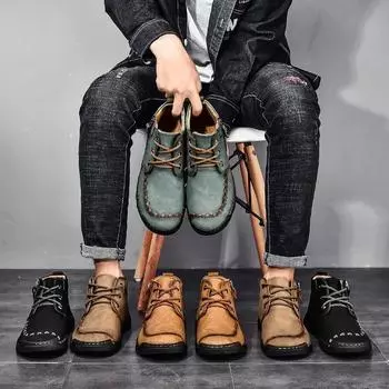 Модные прочные нескользящие водонепроницаемые мужские повседневные кожаные ботинки, легкие плоские кожаные туфли для всех сезонов US 5(EUR 38) хаки