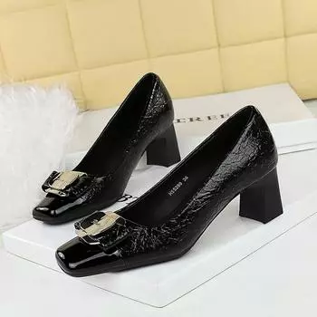 Модные профессиональные женские туфли для поездок на работу OL с цветными блоками, квадратным носком, светлым ртом, металлической пряжкой и бантом, одиночные туфли 35 чёрный