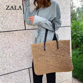 Модные простые полые пляжные сумки женские соломенные вязаные большие сумки-тоут 48cm*15cm*30cm коричневый