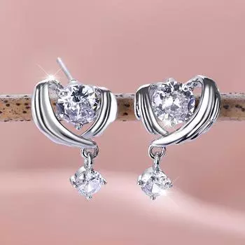Модные простые серьги-гвоздики в форме крыльев ангела с белым цирконием и сердечками для женщин, классические серьги для помолвки с любовью серебряный/белый