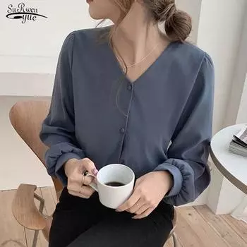 Модные простые шифоновые женские рубашки, повседневные винтажные пуговицы с длинными рукавами, женская блузка и топы с v-образным вырезом, женская одежда 22965 S коричневый