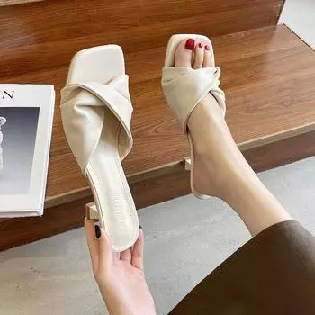 Модные простые женские тапочки Dew Feet на высоком каблуке, однотонные удобные повседневные тапочкиМодные тапочки 2024 35 абрикосовый
