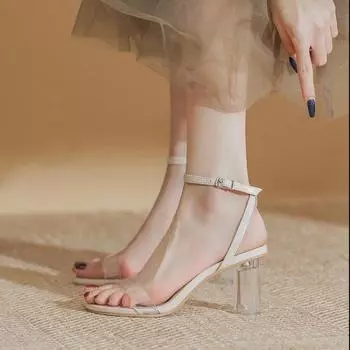 модные прозрачные босоножки на высоком каблуке для женщин летние босоножки с пряжкой на толстом каблуке женская обувь для активного отдыха женские туфли на высоком каблуке 35 бежевый