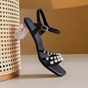 Модные прозрачные босоножки на высоком каблуке с кристаллами, женские, с квадратным носком, с открытым носком, с жемчужным декором, с пряжкой на ремне, офисная обувь 33 бежевый