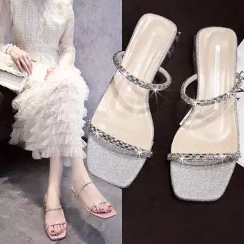 модные прозрачные босоножки женские тапочки летние блочные каблуки для женщин стразы шлепанцы дизайнерские элегантные вечерние туфли для дома 35 розовый