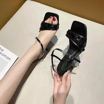 Модные прозрачные каблуки, босоножки на высоком каблуке, женские, 2024, бежевые, с квадратным носком, женские туфли, летние, с пряжкой, на высоком каблуке, наружные, новые 35 чёрный