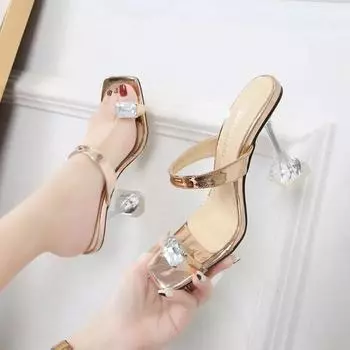 Модные прозрачные мюли со стразами для вечеринок 9 см сандалии женская обувь большой размер 44 45 46 2024 новые модные тапочки женские туфли на высоком каблуке 35 красный
