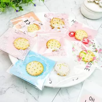 Модные прозрачные самоклеящиеся пакеты для свадебного печенья, мешок OPP, маленький мешок для печенья на день рождения, 100 шт., полиэтиленовый пакет для конфет, декор для вечеринки, 7x7 + 3 см, запеченный 8