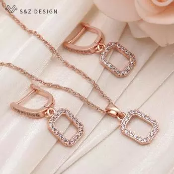 Модные прямоугольные серьги с кубическим цирконием, комплекты ювелирных изделий для женщин, ожерелье с подвеской цвета розового золота