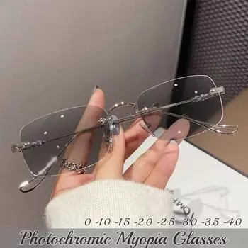 Модные прямоугольные женские фотохромные очки для близорукости, унисекс, без оправы, очки с минусом диоптрий, модные солнцезащитные очки с УФ-оттенками 0