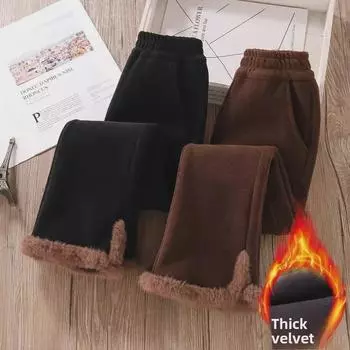 Модные прямые повседневные брюки на бархатной подкладке для девочек 2023 года для детей старшего возраста 150cm чёрный