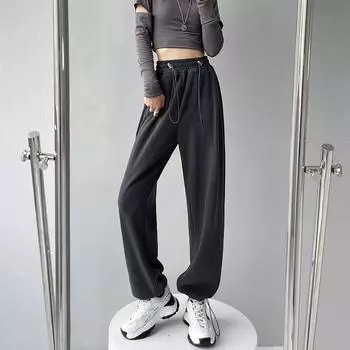 Модные прямые спортивные широкие брюки на шнурке для женщин с эластичной талией, однотонные свободные женские брюки, повседневные облегающие офисные женские спортивные брюки 25624 S светло-серый