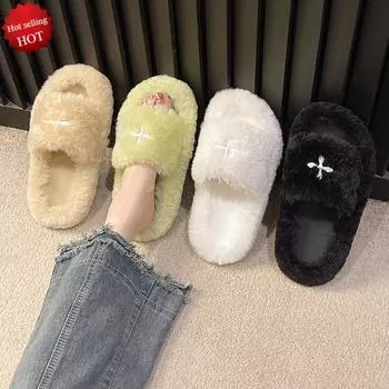 Модные пушистые тапочки для женщин Милые домашние тапочки Пушистые тапочки Теплые тапочки Лечебные шерстяные тапочки для дома Повседневная плюшевая обувь на толстой подошве 36