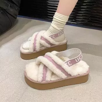 Модные пушистые женские плюшевые меховые домашние тапочки сандалии модные нескользящие домашние ботинки женские для домашнего использования роскошные толстые туфли на плоской подошве для улицы 35 розовый