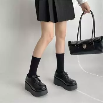 Модные японские туфли Harajuku Soft Sister Muffin Platform Shoes Big Head Shoes Retro Dark Wind 2024 Wedge Round Head Single Shoes Woman 35 чёрный