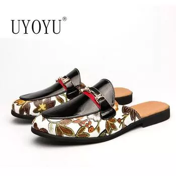 Модные яркие кожаные дизайнерские люксовые брендовые мужские модные тапочки летние удобные полусандалии для мужчин мюли повседневная обувь шлепанцы мокасины 37