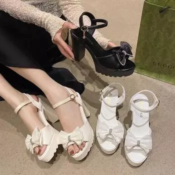 Модные яркие лакированные туфли с открытым носком и милым бантом, женские сандалии на толстом каблуке и полой толстой подошве 35 белый