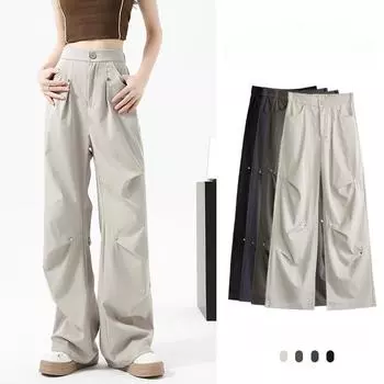 Модные рабочие брюки с заклепками для женщин, осень-зима, свободные прямые, широкие повседневные спортивные брюки, модные, удобные, женские брюки S темно-серого