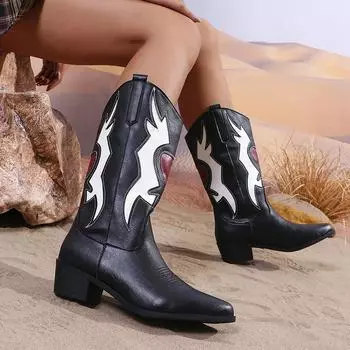 Модные разноцветные ковбойские сапоги до колена, женские сексуальные туфли в стиле вестерн с острым носком, женские сапоги больших размеров на толстом каблуке до середины голени 43 36 чёрный