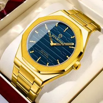 Модные рельефные восьмиугольные большие циферблаты винтажные нержавеющая сталь золотой ремешок мужские водонепроницаемые светящиеся кварцевые часы для отдыха белый