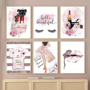 Модные ресницы, губы, макияж, постеры, принты, розовые цветы, духи, холст, живопись, настенные художественные фотографии для комнаты для девочек, домашний декор 21x30cm No Framed