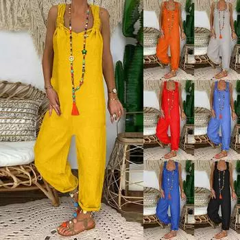 Модные ретро богемные художественные свободные повседневные большие льняные брюки на подтяжках, комбинезоны L чёрный