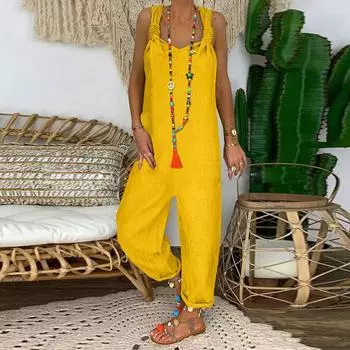 Модные ретро богемные художественные свободные повседневные большие льняные брюки на подтяжках, комбинезоны S чёрный