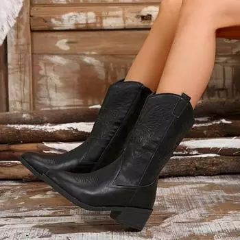 Модные ретро черные ковбойские сапоги для женщин 2024 года, новые высококачественные квадратные каблуки, молния, до колена, белые концертные женские сапоги в стиле вестерн 36 чёрный