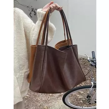 Модные ретро кожаные сумки-тоут для женщин 2024 года, трендовая женская простая сумка через плечо большой емкости, большие однотонные сумки-кошельки чёрный