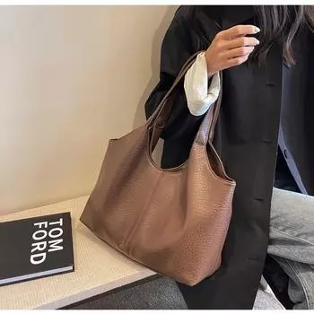 Модные ретро кожаные сумки-тоут для женщин 2024 года, трендовая женская простая сумка через плечо большой емкости, большие однотонные сумки-кошельки чёрный