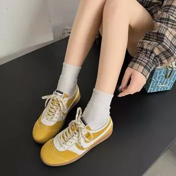 Модные ретро-кроссовки 2024 года, новые летние дышащие повседневные универсальные туфли на плоской подошве из замши с прошивкой из коровьей кожи для женщин 35 бежевый