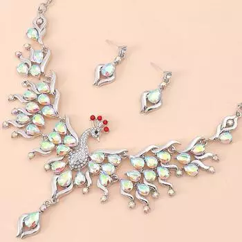 Модные Ретро Металлические Капли Воды Драгоценный Камень Павлин Ожерелье Серьги Кисточкой Преувеличенные Ключицы Кристалл Комплект Ювелирных Изделий чёрный