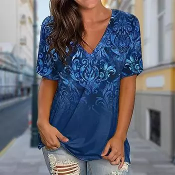 Модные ретро-принты с принтом Блузки с коротким рукавом и V-образным вырезом Футболки Повседневные XS синий