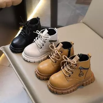 Модные ретро-сапоги для мальчиков в британском стиле, красивые детские кожаные сапоги, новые сапоги для девочек, короткие детские сапоги 21 Inner Length 13.5cm