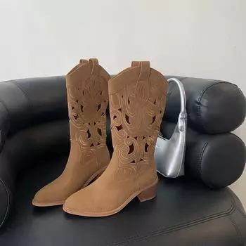 Модные ретро-сапоги в стиле вестерн с острым носком до середины голени, женские, из натуральной коровьей замши, полые, без застежек, на толстом высоком каблуке, рыцарские туфли, британская современная обувь 35 абрикосовый