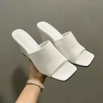 Модные ретро-тапочки на танкетке, женская летняя одежда, квадратный носок, открытый носок, толстая подошва, сексуальные шлепанцы на высоком каблуке 35 серебряный