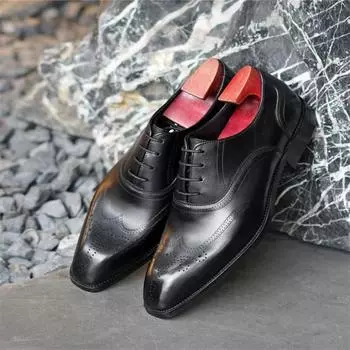 Модные ретро-туфли из кожи с квадратной головкой, удобные на шнуровке, свадебные деловые туфли для мужчин 2024 года, весна-осень, новая мода 38 чёрный