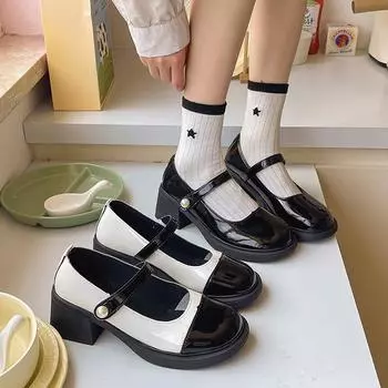 Модные ретро туфли Мэри Джейн с неглубоким носком, женские весенне-осенние дизайнерские модные повседневные туфли-лодочки женские кожаные туфли на толстом каблуке женские 35 чёрный