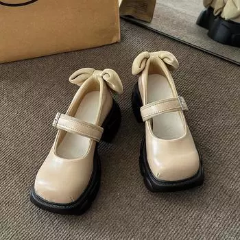 Модные ретро туфли Мэри Джейн женские 2024 Весна Новые Толстые Подошвы Бантик Повседневные Простые Квадратные Головки Универсальные Одиночные Туфли Противоскользящие 35 абрикосовый