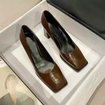 Модные ретро-туфли на толстом каблуке с неглубоким носом и квадратным носком, маленькие кожаные туфли, коричневые туфли на платформе для вечернего платья, женские туфли-лодочки 34 чёрный