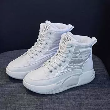 Модные ретро-водонепроницаемые зимние ботинки 2024 года, новинка, мягкая подошва, вулканизированная хлопковая обувь с коротким плюшевым утеплителем, высокие женские туфли 35 бежевый