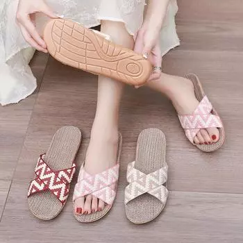 Модные ретро-волнистые жаккардовые двухцветные полосатые льняные тапочки 35 хаки