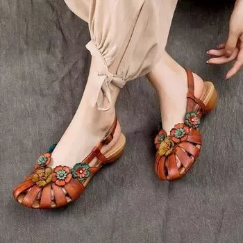Модные ретро женские римские сандалии 2024 года, летние сандалии с цветочной пряжкой и мягкой кожей на платформе, повседневная модная обувь для мам Sandalias Mujer 37 коричневый