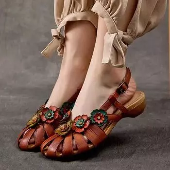 Модные ретро женские римские сандалии с цветочной пряжкой, мягкие кожаные сандалии на платформе, повседневная модная обувь для мам, сандалии Mujer 2025 35 коричневый